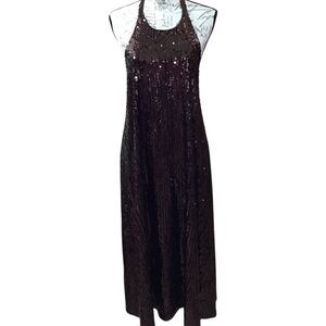 Zara Glamorous Brown Sequin Halter Midi Dress NWOT